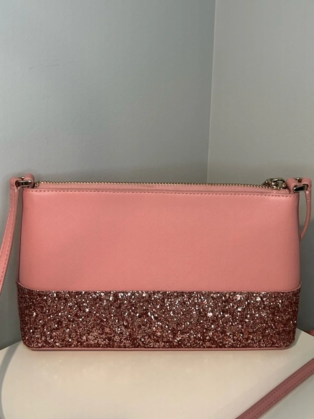 Kate Spade Greta Court Ramey Saffiano Pink Glitter Trim Crossbody Bag
